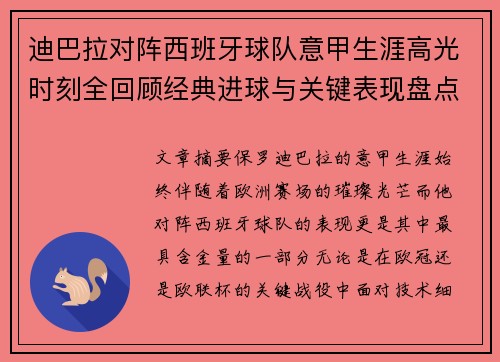 迪巴拉对阵西班牙球队意甲生涯高光时刻全回顾经典进球与关键表现盘点 迪巴拉对阵西班牙球队意甲生涯高光时刻全回顾经典进球与关键表现盘点