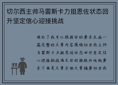 切尔西主帅马雷斯卡力挺恩佐状态回升坚定信心迎接挑战 切尔西主帅马雷斯卡力挺恩佐状态回升坚定信心迎接挑战