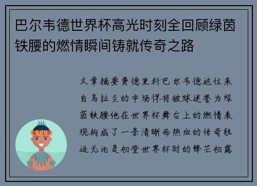 巴尔韦德世界杯高光时刻全回顾绿茵铁腰的燃情瞬间铸就传奇之路 巴尔韦德世界杯高光时刻全回顾绿茵铁腰的燃情瞬间铸就传奇之路